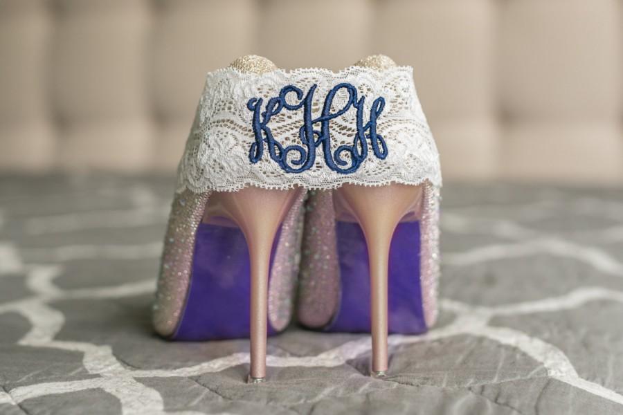 Свадьба - Personalized Garter Bridal Wedding Set Navy Blue Custom Monogrammed Monogram Customized Lace Garters Vintage