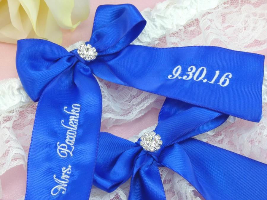 Mariage - Cobalt Blue Wedding Garter, Embroidered Bridal Garter, Custom Wedding Garter, Personalized Garter, Something Blue Royal Blue Garter, Garters