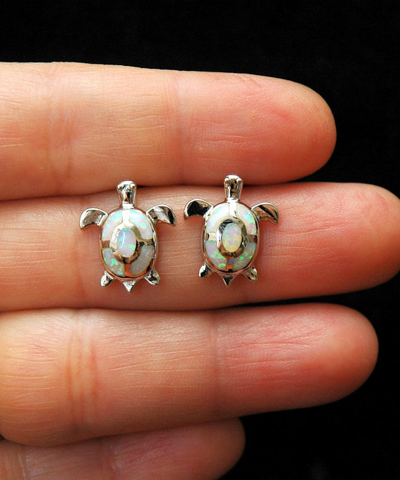 Wedding - Opal Stud Earrings White Opal Earrings Sea Turtle Earrings Dainty Earrings Sterling Silver Stud Earrings