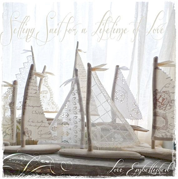زفاف - 6.5 inch to 7 inchTall Driftwood Beach Decor Sailboat Antique Lace and Linen Sails Beachside Lakeside Home Decor Wedding Favors Cake Topper