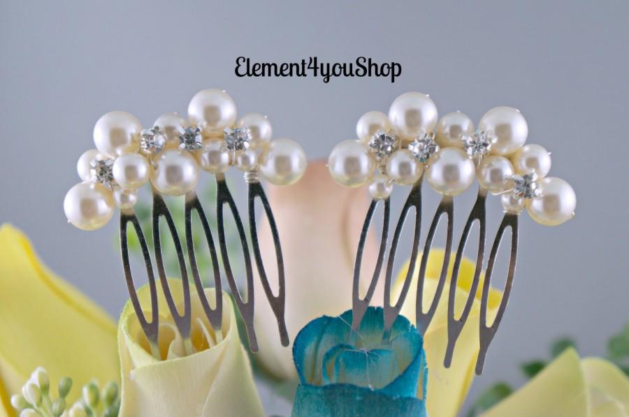 Hochzeit - Bridal small hair combs, set of 2, Ivory pearls, Rhinestones, Flower girl bridesmaid Maid of honor hair do, Wedding accessory, Silver comb