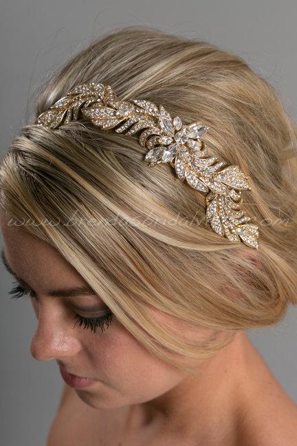 زفاف - Gold Leaf Hair Comb, Gold Wedding Hair Vine, Gold Grecian Headpiece, Rhinestone Leaf Headpiece - Aurora