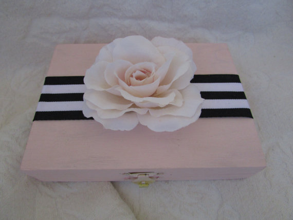 Свадьба - Black White Blush Wedding Ring BOx with a Blush Rose HIS HERS Divided ring Pillow
