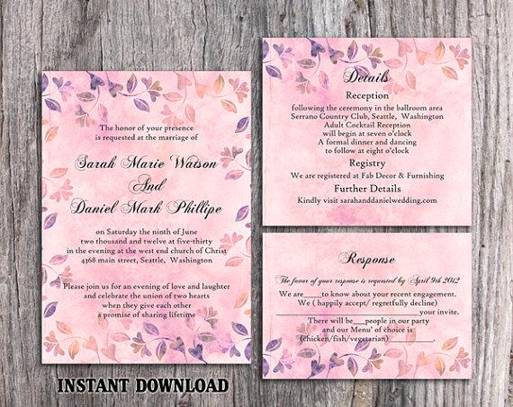 Hochzeit - DIY Rustic Wedding Invitation Template Set Editable Word File Download Printable Vintage Invitation Pink Invitation Leaf Floral Invitation
