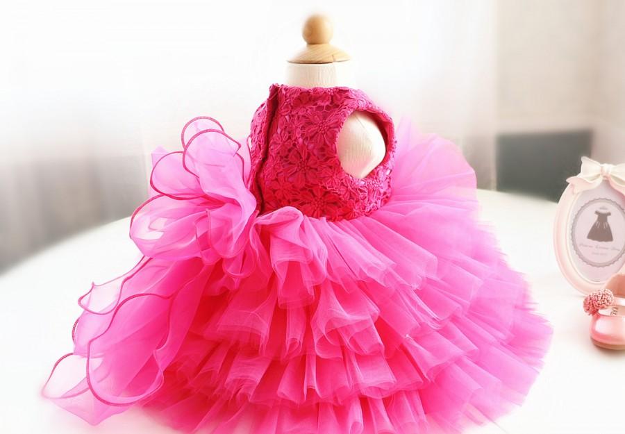 Wedding - Hot Pink Lace Birthday Dress for Baby/Toddler/Infant, Infant Glitz Pageant Dress, Birthday Dress for Girls, PD061-4