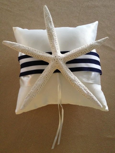 Hochzeit - Nautical Starfish Preppy Navy Stripe Grosgrain Wedding Ring Bearer Pillow