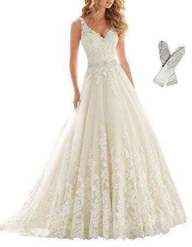 Hochzeit - V-Neck Lace Applique Empire Chapel Train Wedding Dress