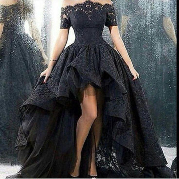 زفاف - 2016 Dark High Low Black Lace Gothic Wedding Dresses Halloween Ball Bridal Gowns
