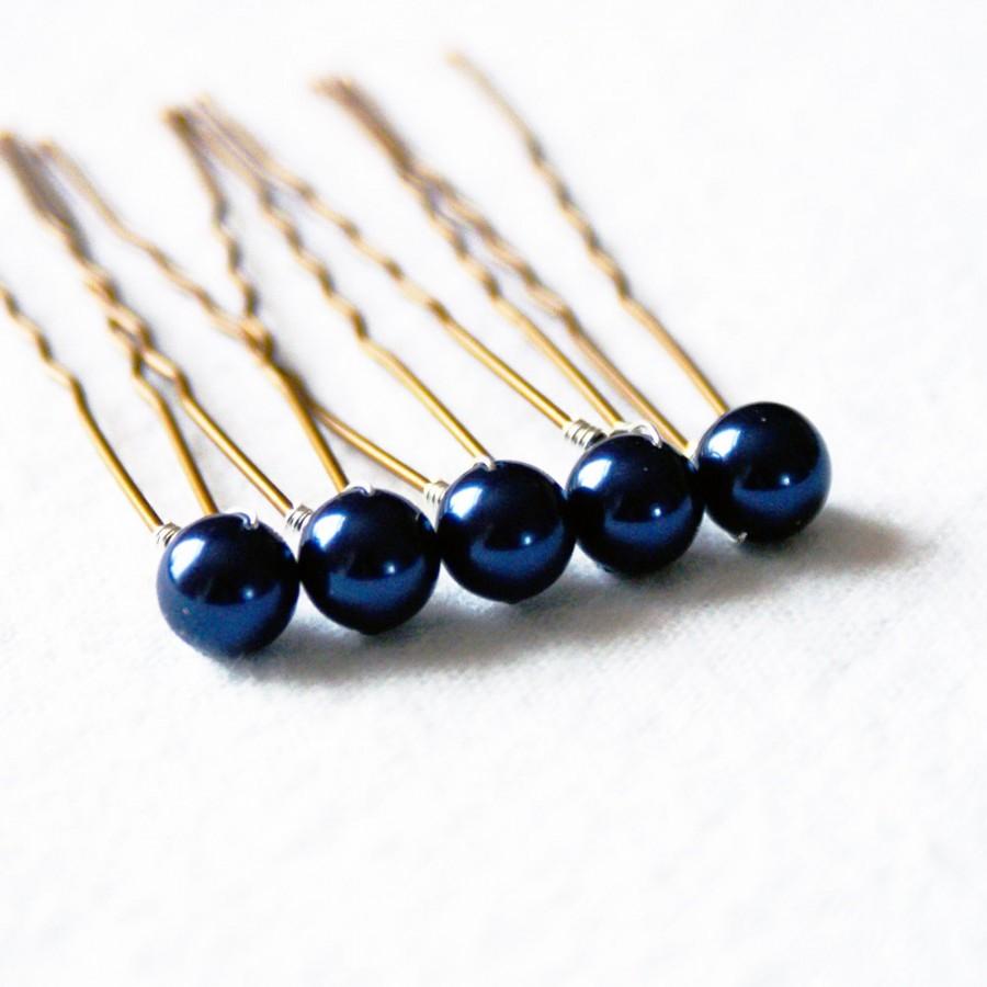 Wedding - Night Blue Pearl Wedding Hair Pins. Set of 5, 8mm Swarovski Crystal Pearls.