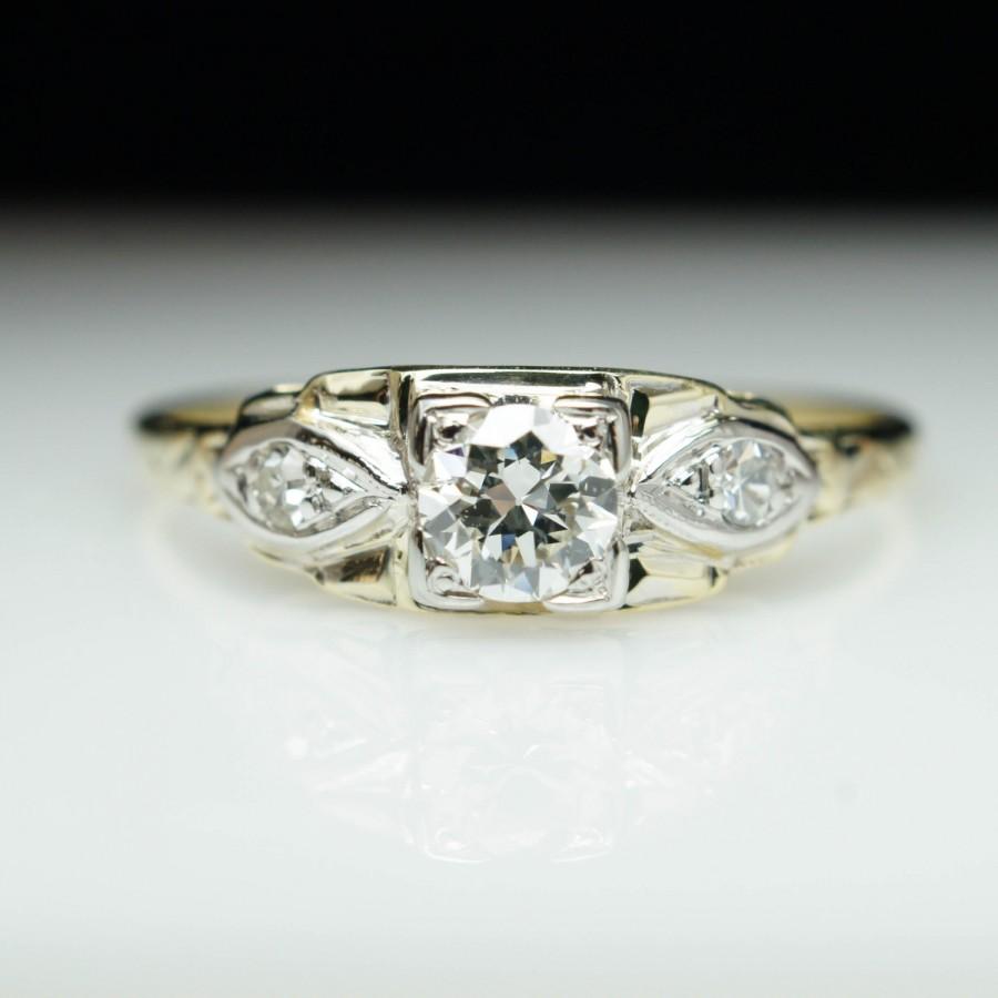زفاف - Vintage Art Deco Old European Cut Diamond Unique Engagement Ring .25 ct. - 14k White and 14k Yellow Gold Mixed Metals - Custom Sizing