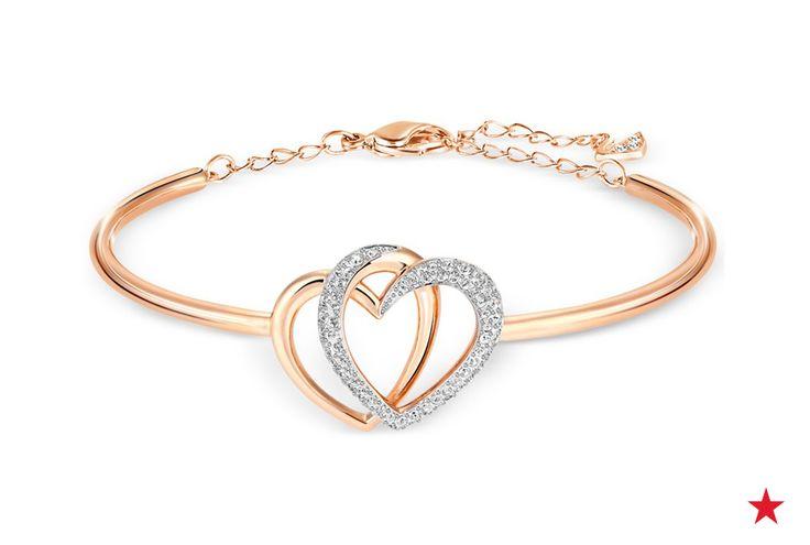 Hochzeit - Swarovski Rose Gold-Tone Crystal Pavé Interlocking Double Heart Bangle Bracelet