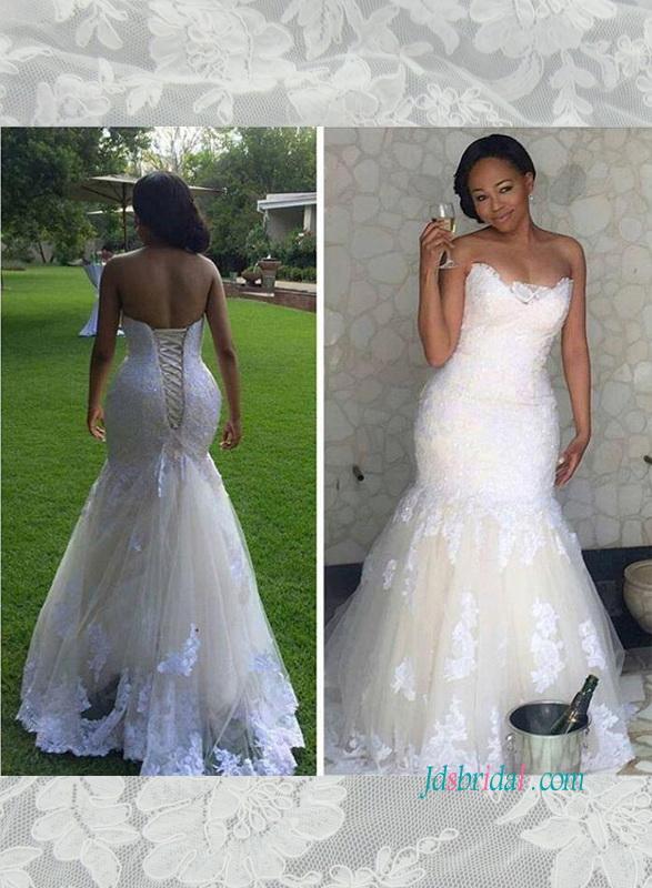 زفاف - Stunning white lace with ivory tulle mermaid wedding dress