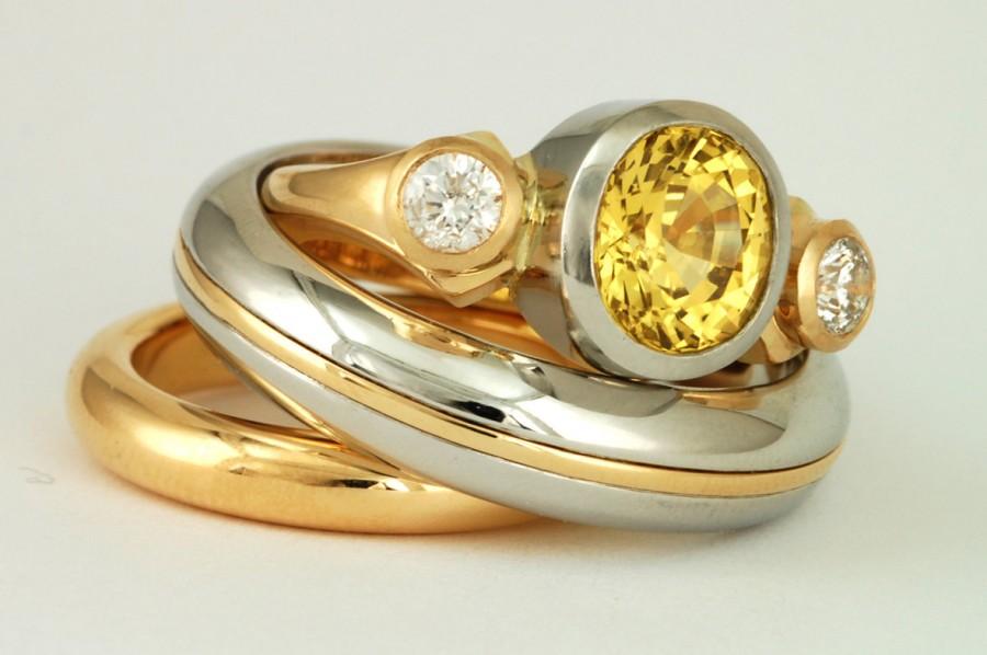Свадьба - Custom wedding bands and engagment ring sets, platinum and 18 karat  gold, yellow sapphire and diamonds
