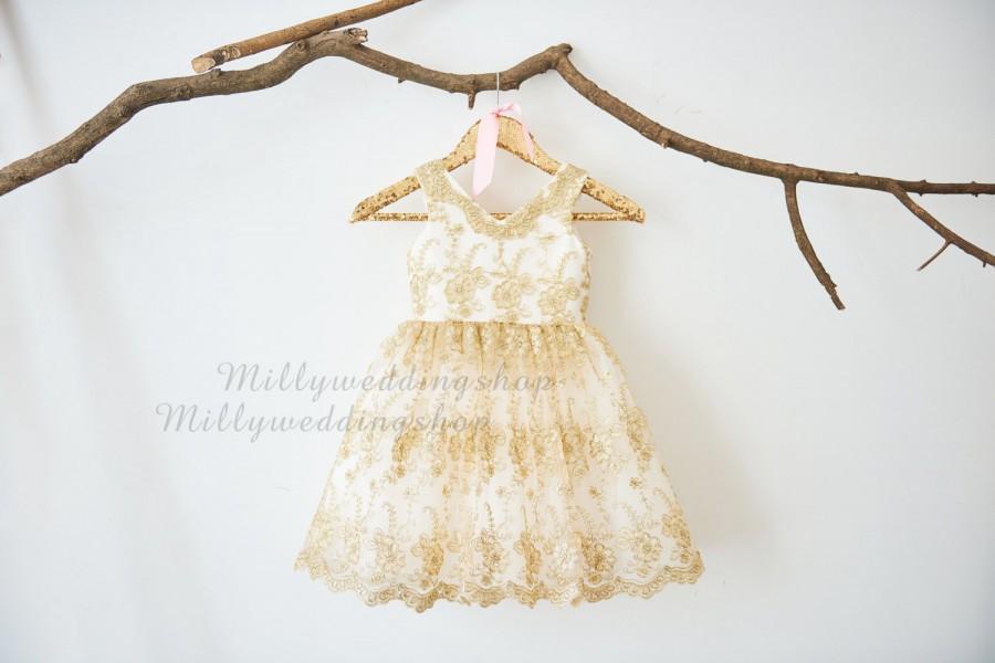 Wedding - V Neckline Gold Lace Ivory Satin Flower Girl Dress Junior Bridesmaid Wedding Party Dress M0025