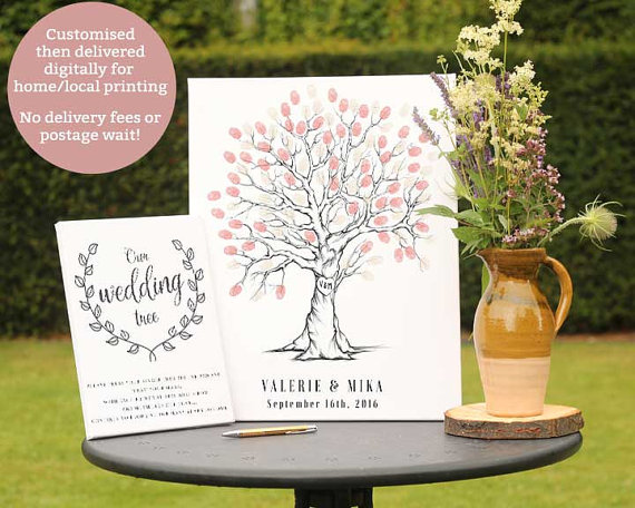 Hochzeit - Hand Drawn Fingerprint Wedding Tree, Thumb Print Guest Book, Wedding guest book alternative, Guest book fingerprint tree, Tree sketch art