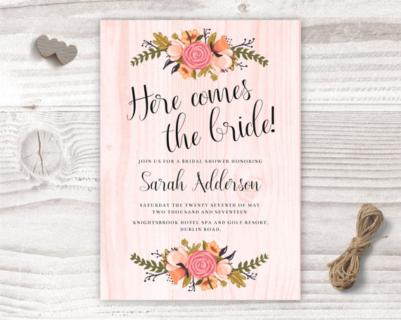 Mariage - here comes the bride, bridal shower design, peach bridal shower invite, flower bridal shower invitation, flowers floral wedding bride love
