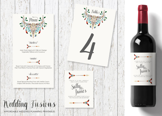 Свадьба - Personalised Wedding Printable, boho wedding Decor, Wedding wine label, Wine label, Bohemian wedding, Menu, native feathers wedding