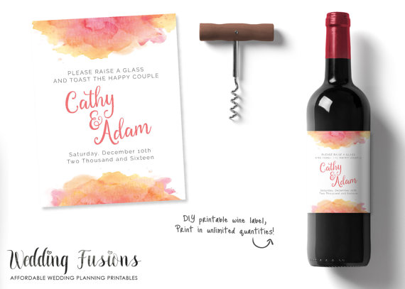 Wedding - watercolour wedding accessories, Personalised Wine Label, watercolour Wine Label, Printable Label, watercolor wedding Stationary, Wine Label