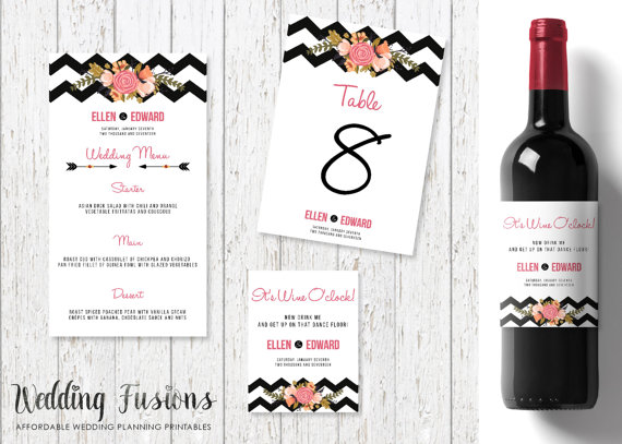 Свадьба - Chevron Wedding Decor, Wedding wine labels chevron wedding menu black and white flowers floral wedding alcohol married table setting