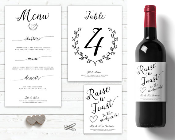 Wedding - Modern Wedding table decorations, personalised, wine labels wedding, customised menu, Wedding Table Numbers, Wedding Menu, instant download