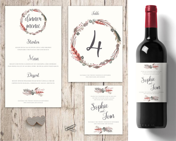 Mariage - Rustic Wedding table decorations, personalised wedding wine labels, wedding menu, rustic boho wedding wreath, wedding decor table numbers
