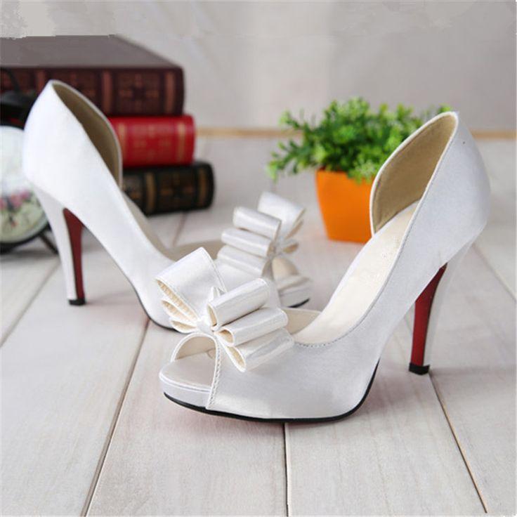 Mariage - Buy Fashion Sweet Bow Platform Stiletto Satin Fabric White Shallow Mouth Women's Open Toe Shoes Wedding Shoes In Pumps On AliExpress
