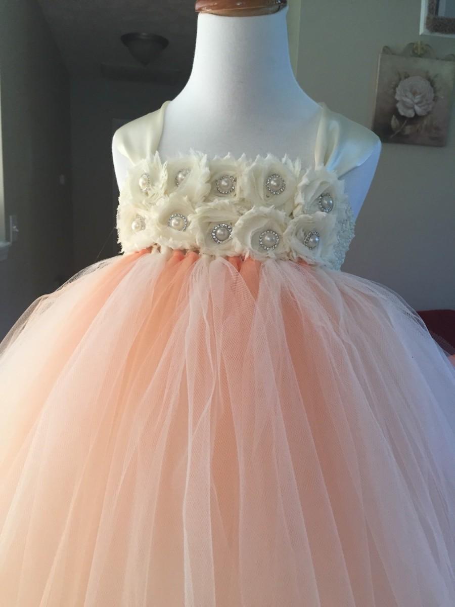 Hochzeit - Ivory and Peach Flower Girl Dress - Flower girl dress - junior bridesmaid dress- bridesmaid dress- weddibg dress- tutu dress