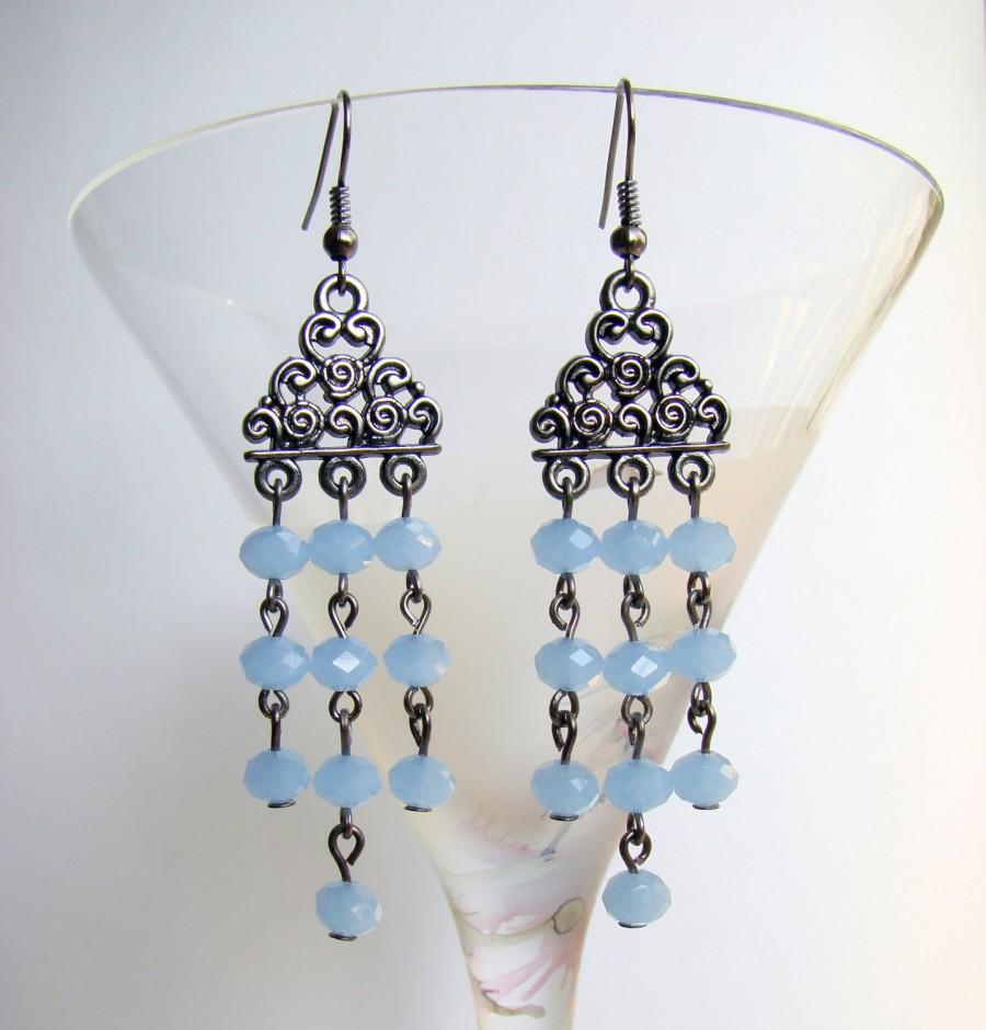 Свадьба - Chandelier Earrings, Gunmetal Tone Earrings with Sky Blue Glass Beads, Summer Earrings, Boho Earrings, Bohemian Long Earrings