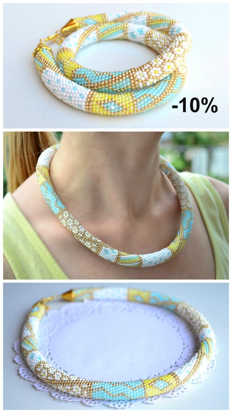 زفاف - 10% OFF White gold mint turquoise beaded crochet necklace jewelry, pachwork print beaded crochet necklace, trending statement necklace
