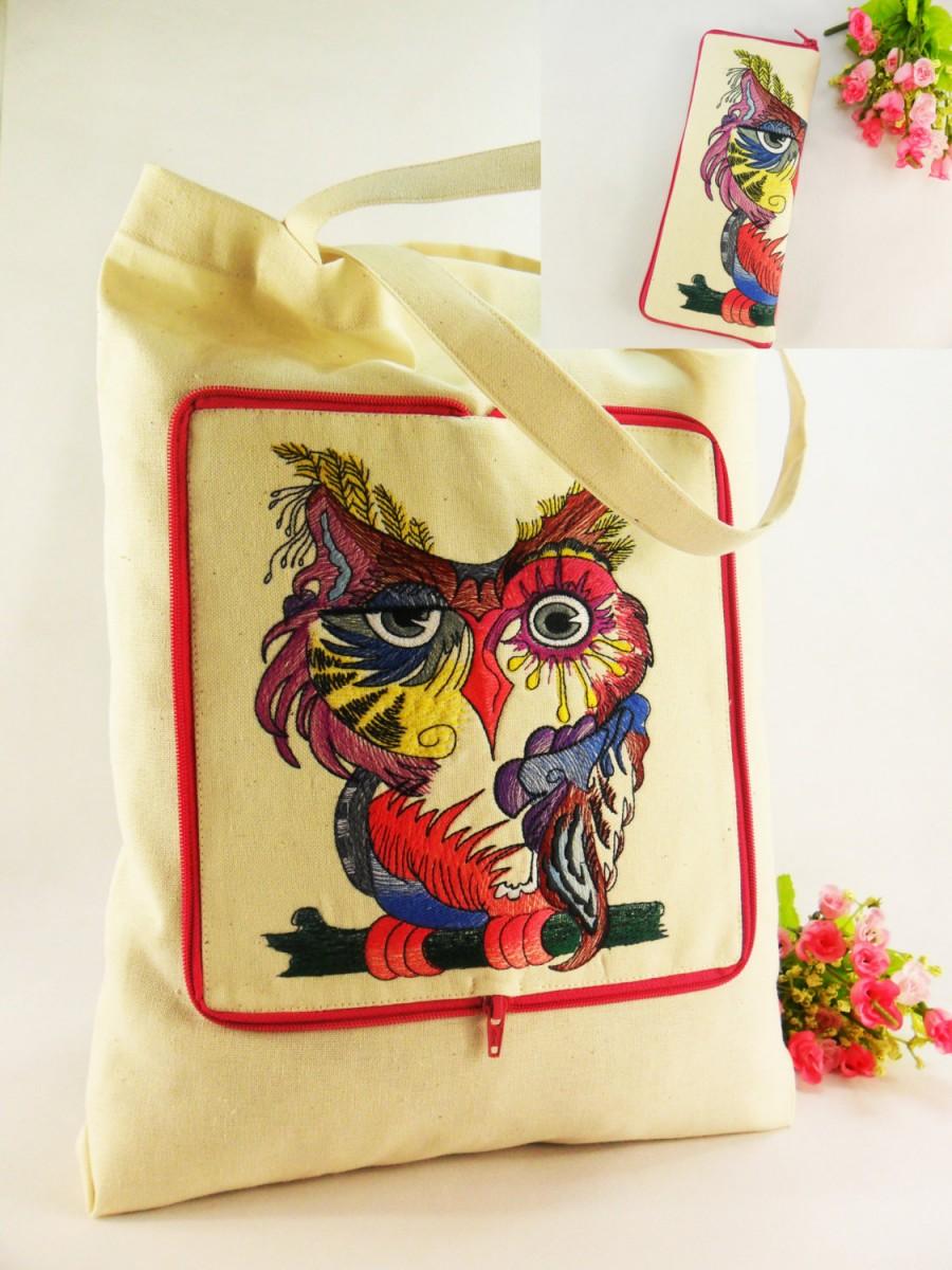 Wedding - OWL Canvas tote bag Fabric embroidered bag Shopping bag Bag transformer Cotton Bag Funny Tote Bag EcoTote Bag Embroidered Bird shoulder bag 
