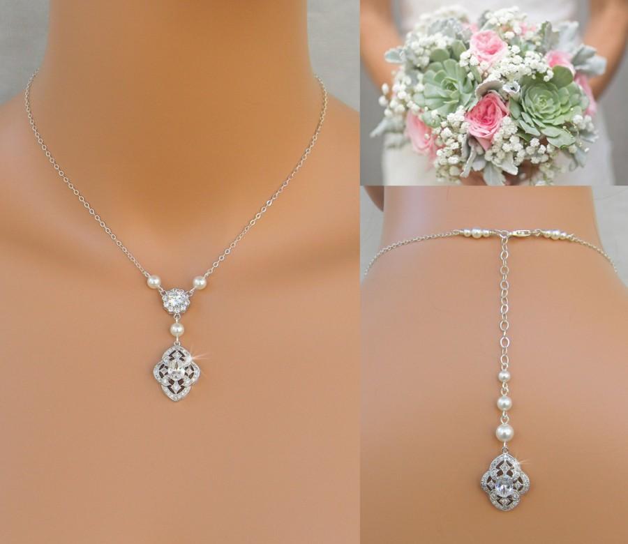 Wedding - Pearl Bridal Necklace, Dainty Backdrop Bridal Necklace, Pearl Wedding earrings, Vintage Style Bridal Jewelry SET, Lola Bridal Jewelry
