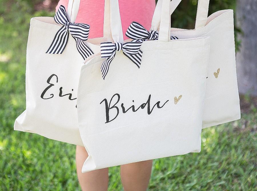 زفاف - Wedding Bags for Bridal Party, Bridesmaids Gifts Canvas Tote Bag for Bride & Friends, Stripes Glitter Bridal Shower Gifts  ( Item - BBR300)