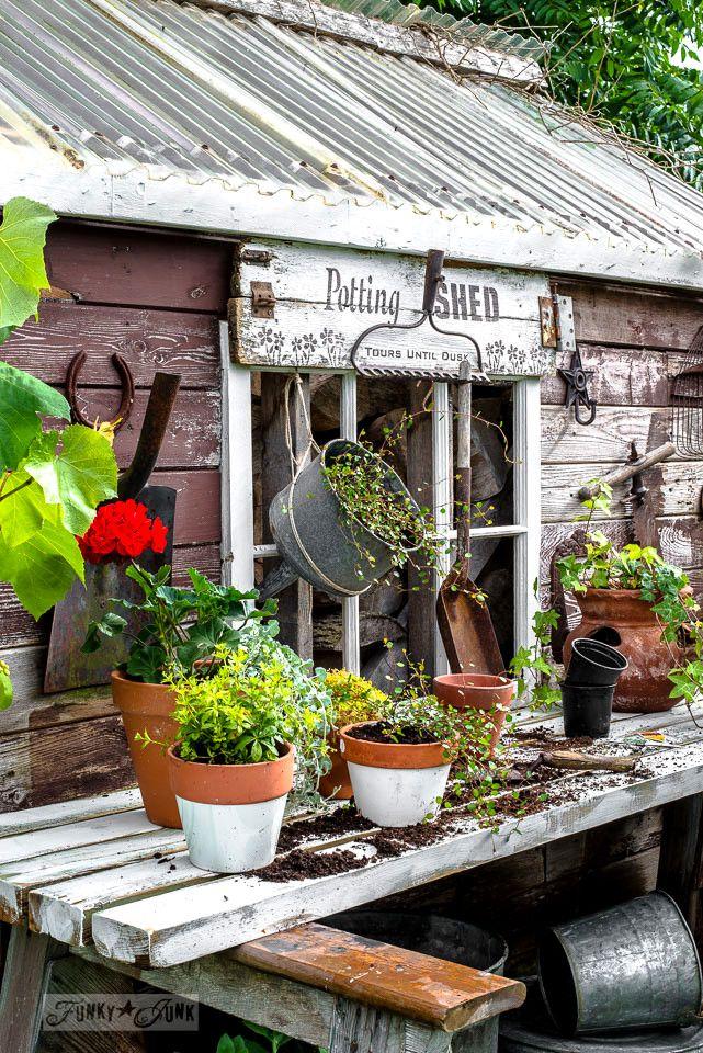 Hochzeit - Rustic Shed Reveal With Sawhorse Potting Bench And Old Rake Sign For Garden Tools