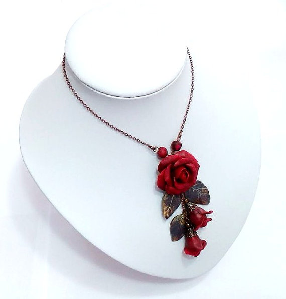 Wedding - Red Pendant, Rose Pendant necklace, Leaf necklace, Leaf pendant, Flower necklace, Costume jewelry, Flower jewelry, Rose