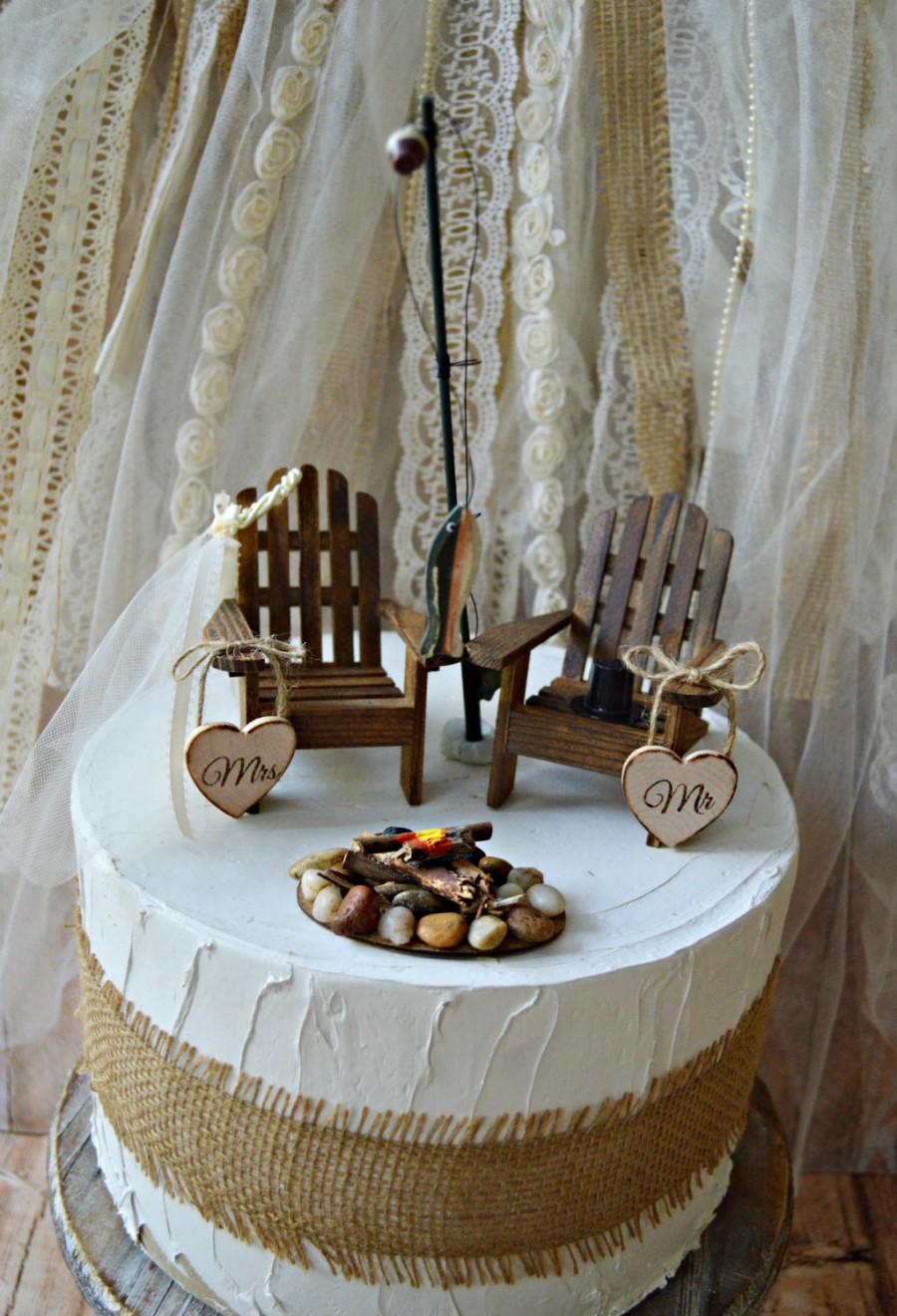 Wedding - hunting-camping-fishing-outdoors-wedding-cake topper-fishing groom-lake house-themed-wood chairs-bride and groom-camp fire-fishing pole