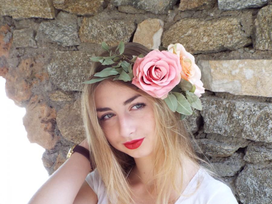 Mariage - Pink Flower Crown, Dried leaves Headband, Wedding Hair Piece, Corona flores, Bohemian Headpiece, flower girl hair