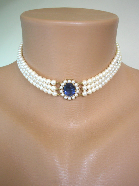 Hochzeit - Sapphire Pearl Bridal Choker, Great Gatsby Jewelry, Pearl Necklace, Pearl And Rhinestone Collar, Vintage Necklace, Art Deco, Bridal Jewelry