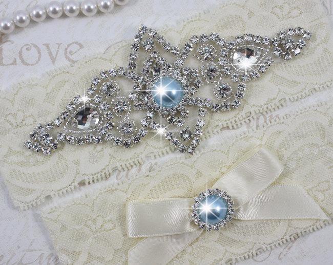 Hochzeit - SALE - CHLOE II - Light Blue Pearls Wedding Garter Set, Wedding Stretch Lace Garter, Rhinestone Crystal Bridal Garters, Something Blue