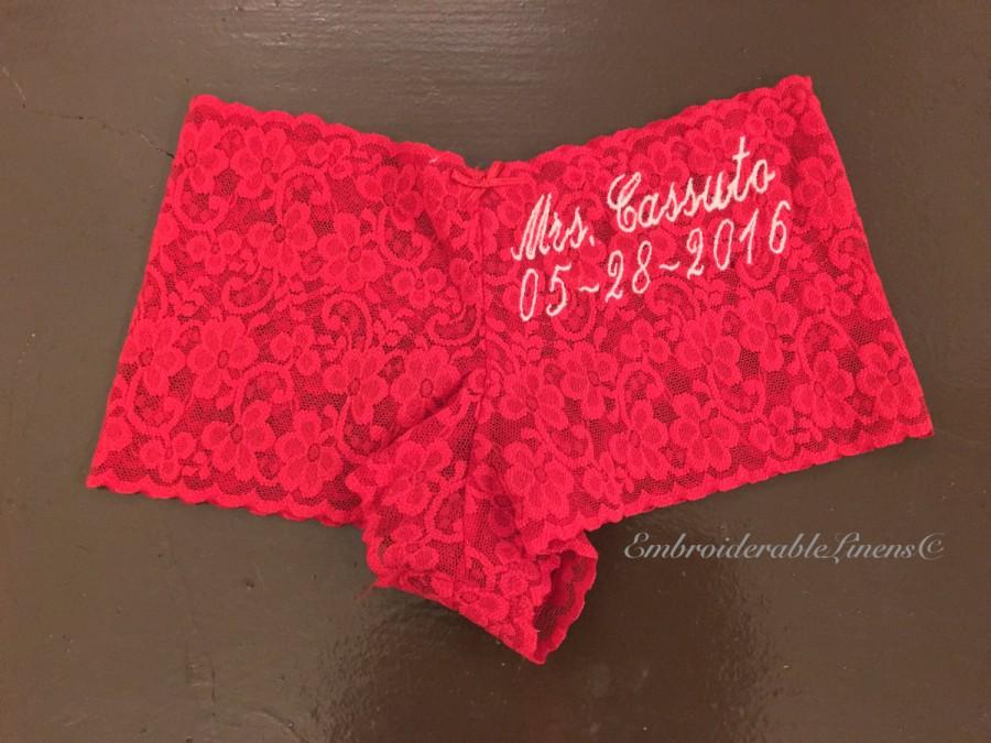 Mariage - Personalized Lace Boy Shorts Embroidered in your choice of Color,Font,Thread Color, name or words embroidered, on both front and back!