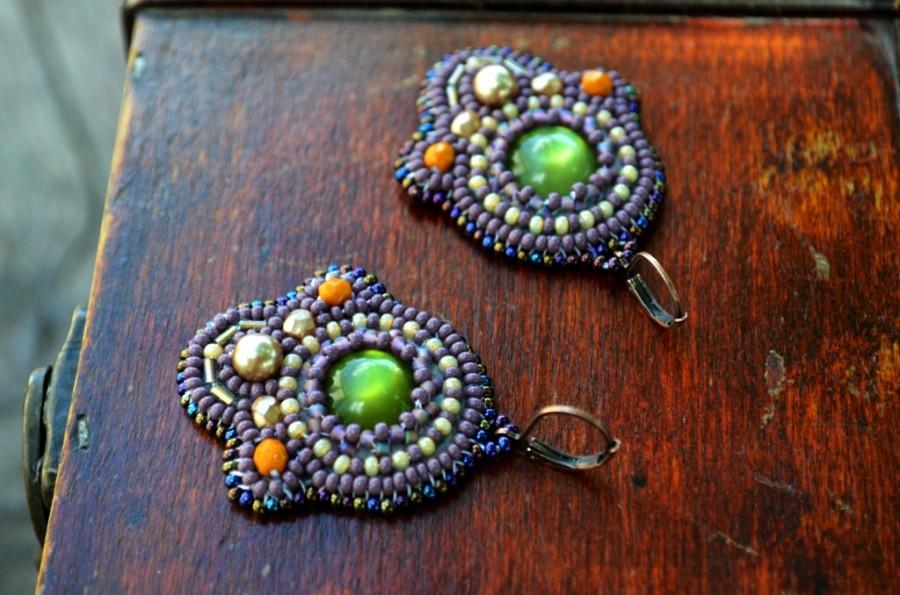 Hochzeit - Purple green bead embroidery earrings Bead embroidered Dangle earrings Holiday Beadwork statement earring Beaded embroidered Gift for mom