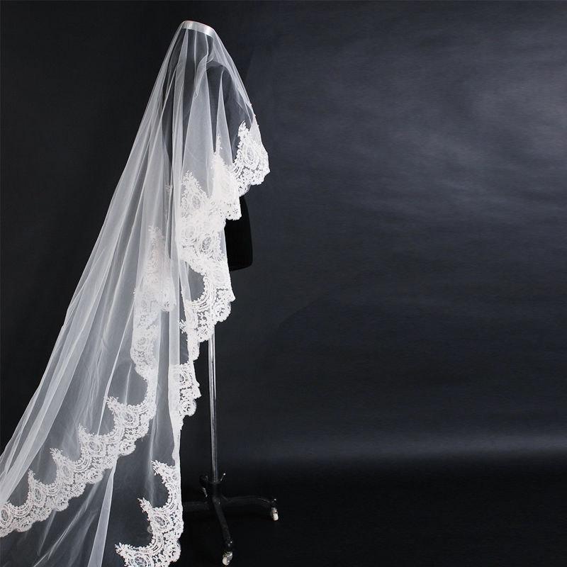 Hochzeit - Cathedral alencon lace wedding veil, white or diamond white, 9 feet long, elegant, vintage