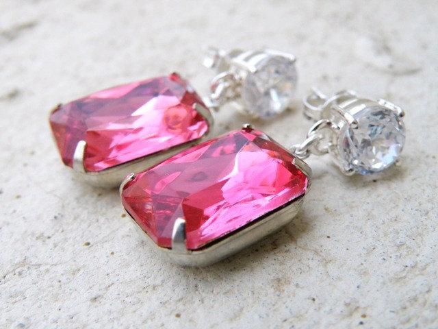 Wedding - Fuchsia Hot Pink Earrings Foiled Octagon Stone Rhinestone Silver Stud BE31F