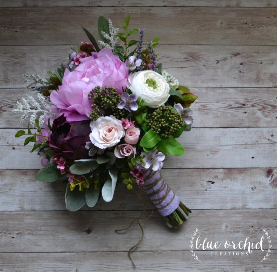 زفاف - Boho Wedding Bouquet - Purple, Lavender, Peonies, Ranunculus, Statice, Berries, Bouquet with Accents, Wildflower Bouquet, Boho Wedding