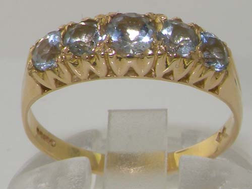 Mariage - 9K Yellow Gold Genuine Natural Five Aquamarine Zig Zag Side Vintage Design Half Eternity Ring - Made in England -Customizable