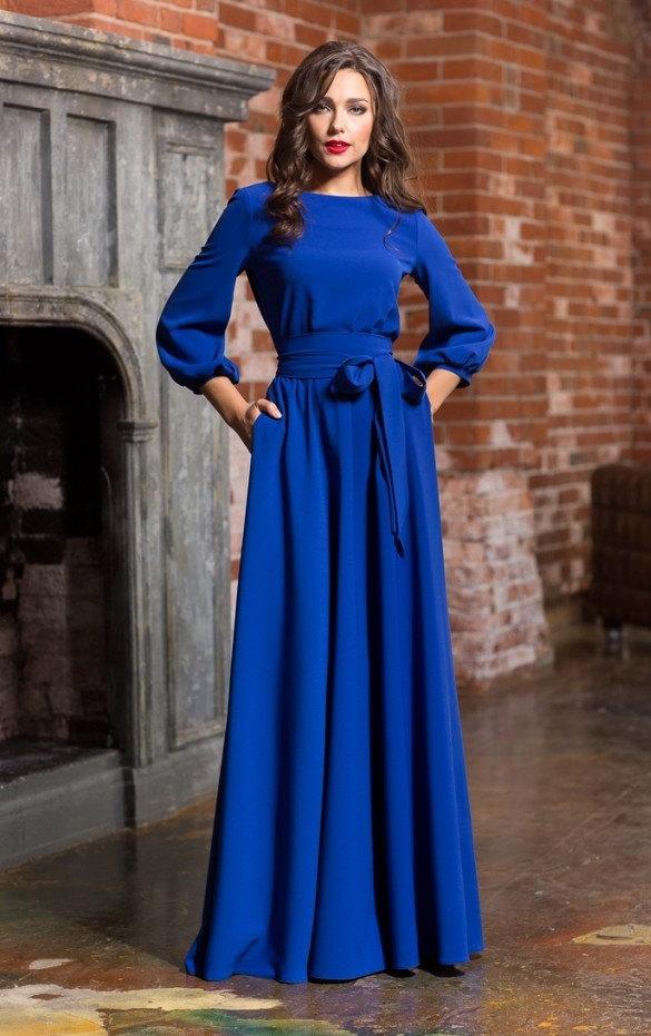 Mariage - Long woman dress floor Autumn Winter Spring Maxi dress with belt 3/4 sleeves Evening  with pockets Elegant maxi dress Wedding Maxi dress