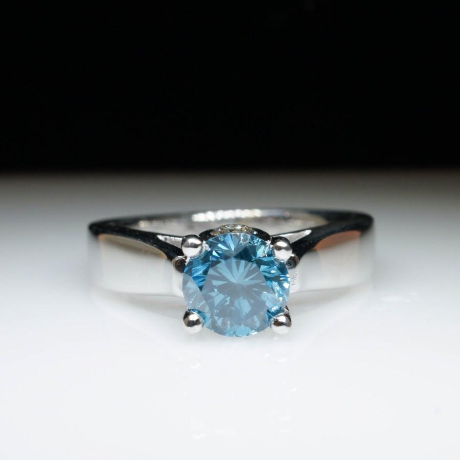 زفاف - 1.14ctw Round Brilliant Blue Diamond Engagement Ring in 14k White Gold Solitaire Ring Treated Diamond