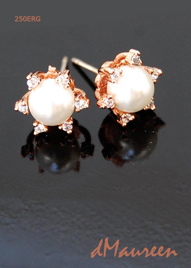 Hochzeit - WHITE Bridal Pearls 250ERG. White Pearl Earrings. CZ Rose Gold Earrings. Pearl Bridal Earrings. White Wedding Pearls. Bridesmaid Earrings