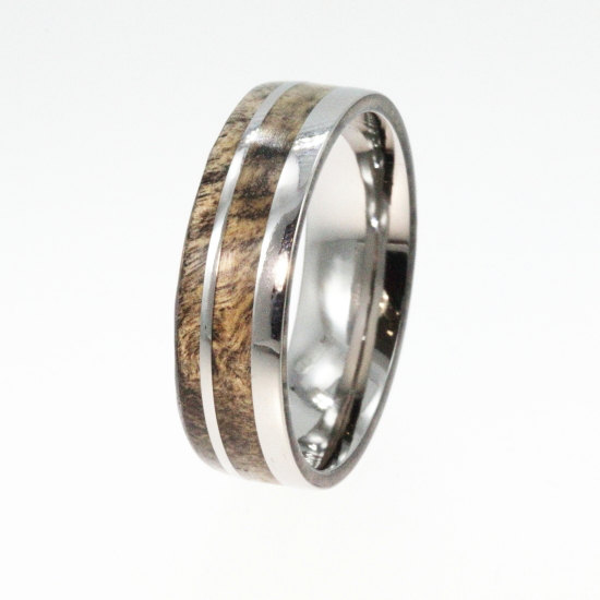 زفاف - Highly Figured Buckeye Burl Wood Band, Wooden Wedding Ring, Titanium Pinstripes, Ring Armor Included
