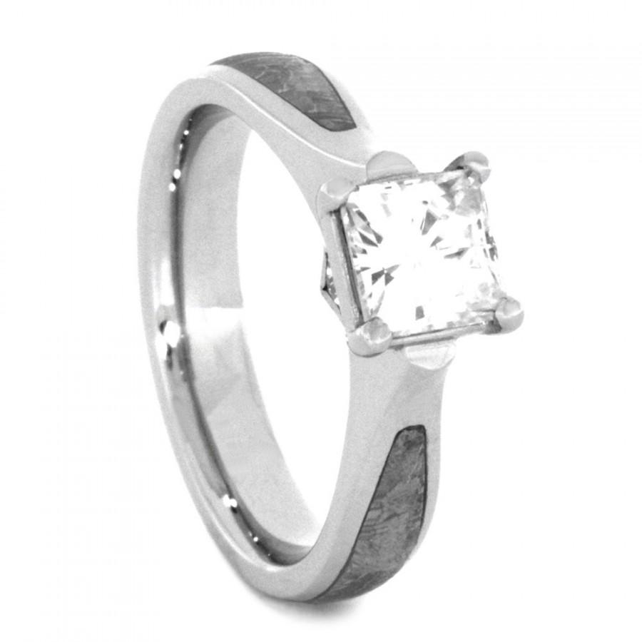 Wedding - Princess Cut Moissanite Engagement Ring in White Gold Band, Handmade Meteorite Engagement Ring