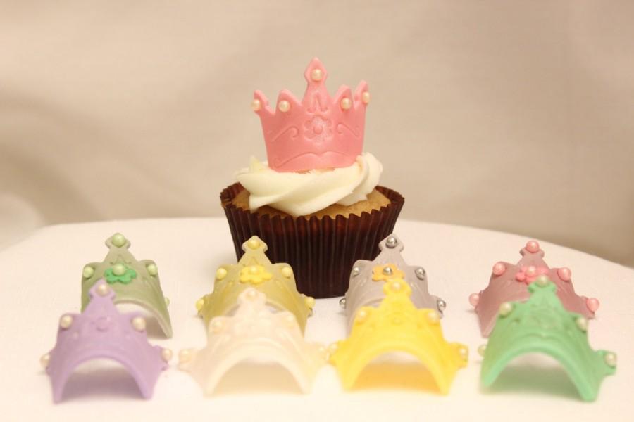 زفاف - 12 tiara cupcake toppers edible fondant 3D royal princess crown topper birthday party favors sofia the first sleeping beauty cinderella